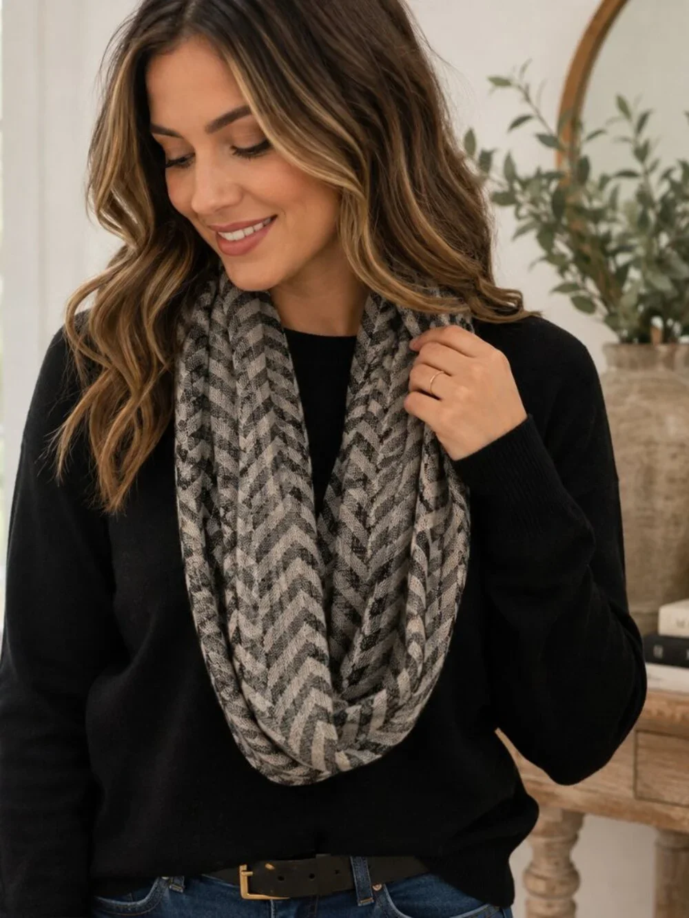 Black & Gray Chevron Infinity Scarf – Textured Woven Loop Scarf
